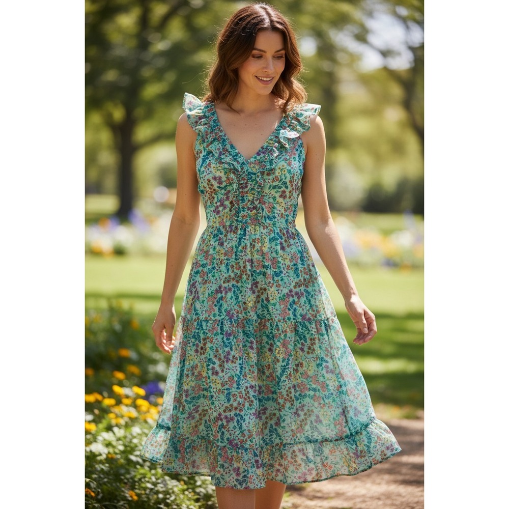 J.Crew Midi Dress Womens Mint Green Floral Ruffle Tiered Cotton Size 4